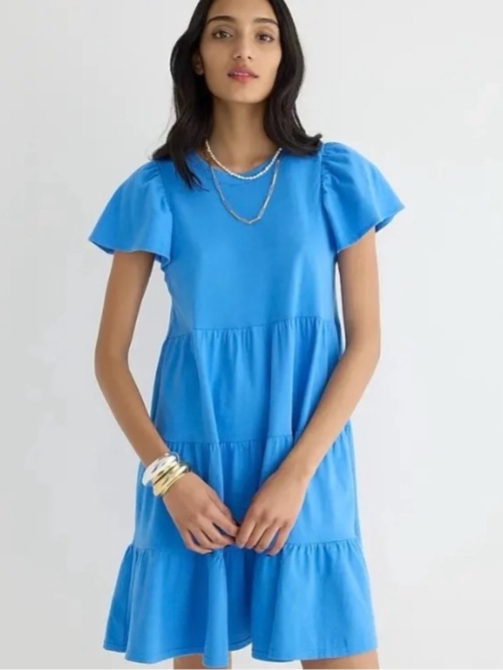 J. Crew Blue Jersey Knit Tiered Flutter-Sleeve Dress 100% Cotton